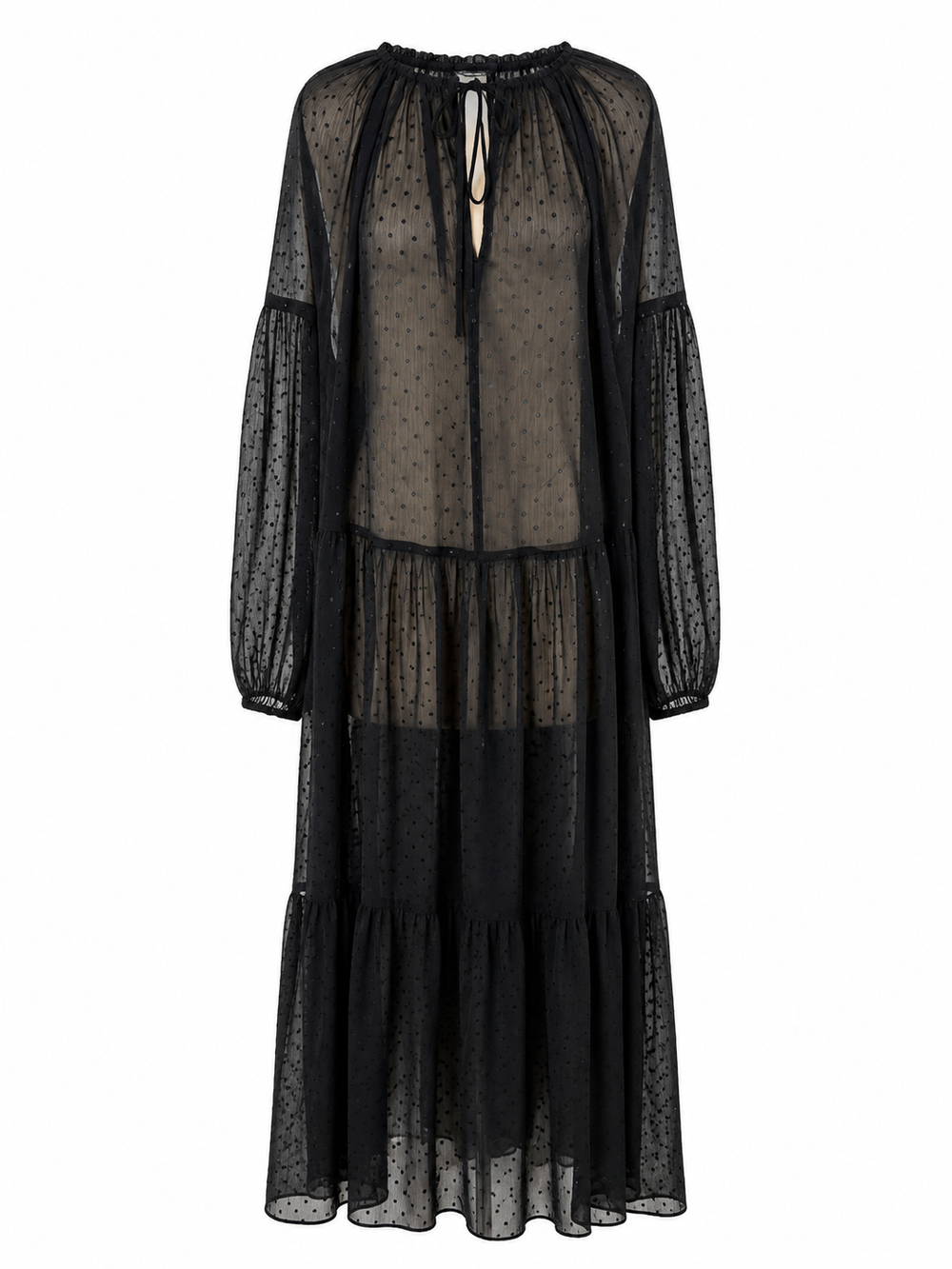 Sheer Dotted Tie-Neck Dress