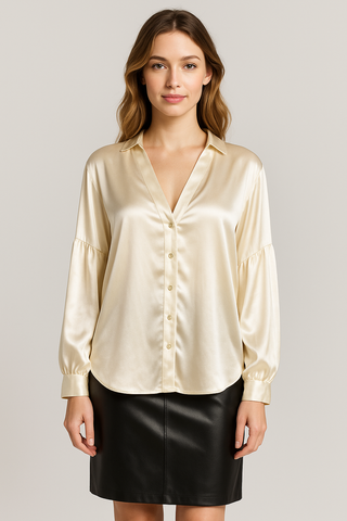 Ivory Satin Button-Down Blouse