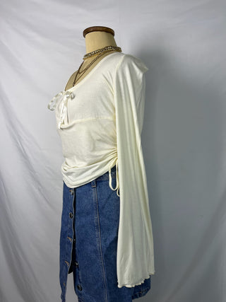 Cream Ribbon-Tie Side-Ruched Top