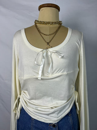 Cream Ribbon-Tie Side-Ruched Top