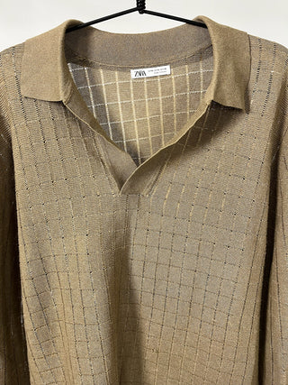 Square-Knit Collared Sweater