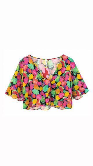 Tropical Fruit Wrap Crop Blouse