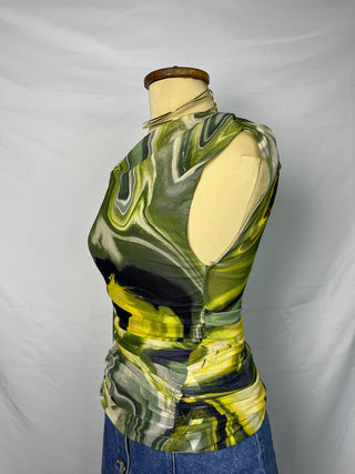 Marble Print One-Shoulder Mesh Top