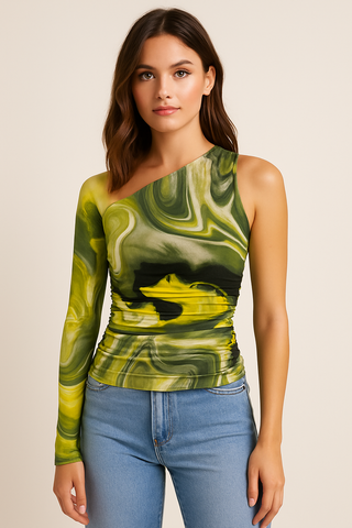 Marble Print One-Shoulder Mesh Top