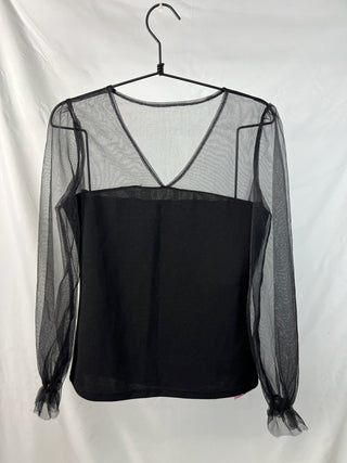 Sheer Mesh Sleeve Black Blouse