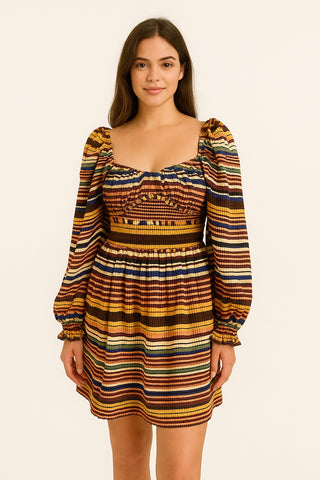 Earthy Striped Puff-Sleeve Dress