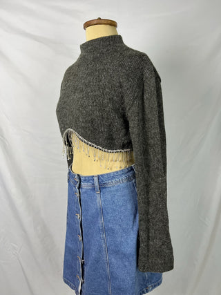 Crystal Fringe Hem Cropped Sweater
