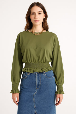 Olive Ruffle-Cinch Peplum Top