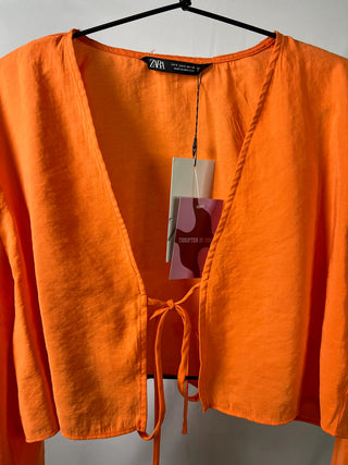 Orange Tie-Front Cropped Blouse