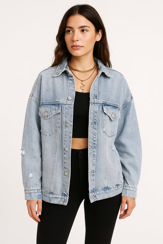 Distressed Ice-Wash Oversized Denim Jacket