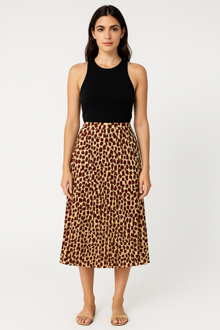 Leopard Pleated Midi Skirt
