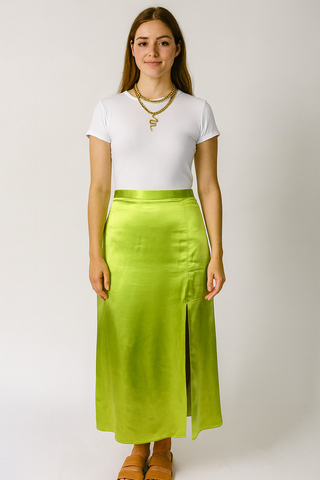 Lime Satin Slit Skirt