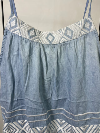 Fringy Embroidered Denim-like Tank Top