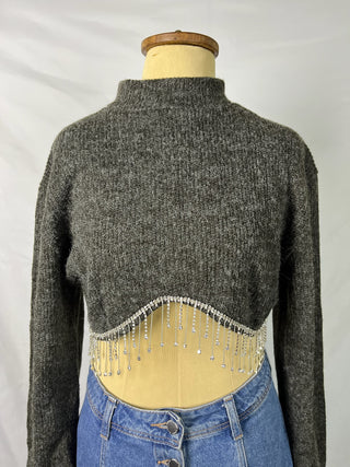 Crystal Fringe Hem Cropped Sweater