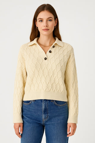 Cream Cable Knit Polo Sweater
