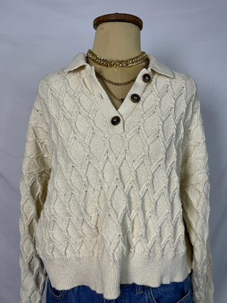 Cream Cable Knit Polo Sweater
