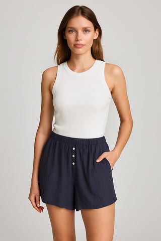 Crinkle Button-Front Shorts