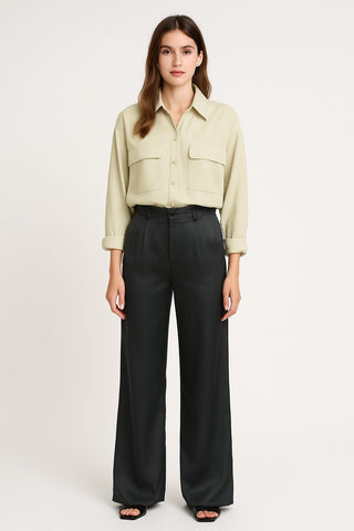 Sleek Satin-Feel Black Wide-Leg Trousers