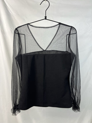 Sheer Mesh Sleeve Black Blouse