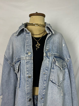 Distressed Ice-Wash Oversized Denim Jacket