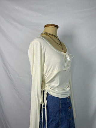 Cream Ribbon-Tie Side-Ruched Top