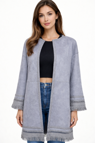 Grey Fringe-Trim Jacket