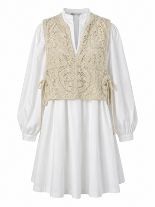 Bohemian Crochet Vest Layered Shirt Dress