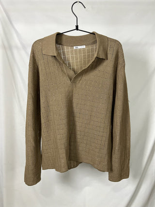 Square-Knit Collared Sweater