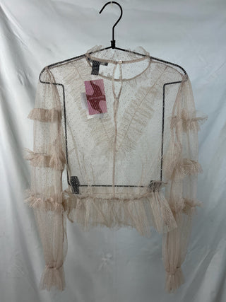 Blush Polka Dot Mesh Ruffle Blouse