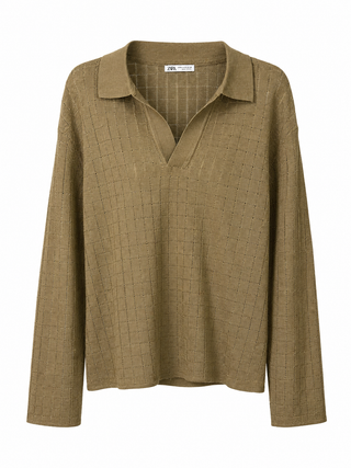 Square-Knit Collared Sweater