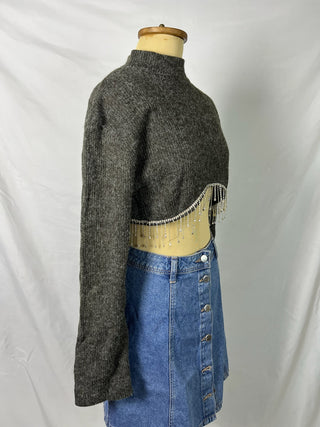 Crystal Fringe Hem Cropped Sweater