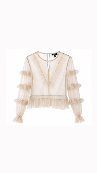 Blush Polka Dot Mesh Ruffle Blouse