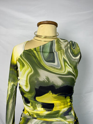 Marble Print One-Shoulder Mesh Top