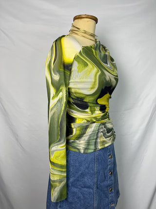 Marble Print One-Shoulder Mesh Top