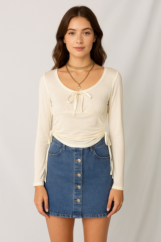 Cream Ribbon-Tie Side-Ruched Top