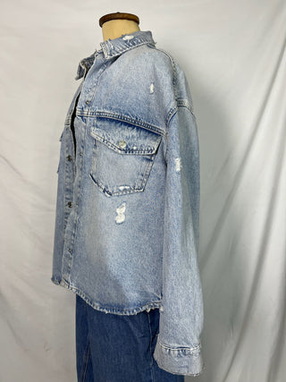 Distressed Ice-Wash Oversized Denim Jacket
