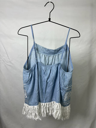 Fringy Embroidered Denim-like Tank Top