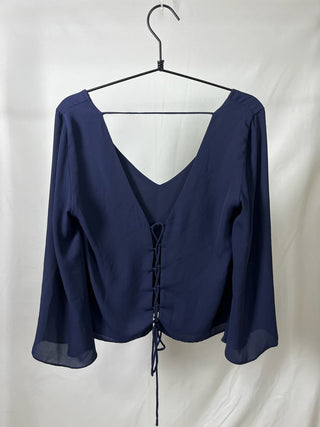 Navy Open-Back Tie Blouse