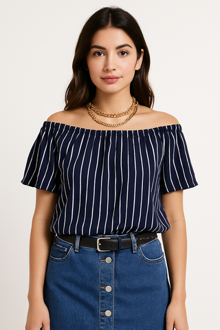Navy Striped Off Shoulder Top