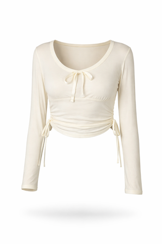 Cream Ribbon-Tie Side-Ruched Croptop