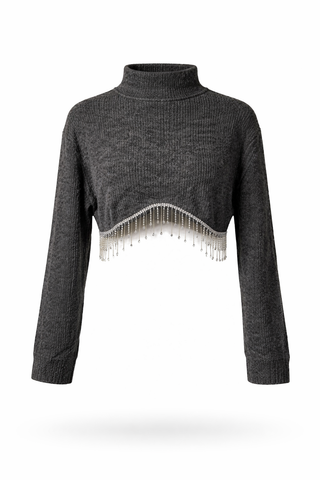 Crystal Fringe Hem Cropped Sweater