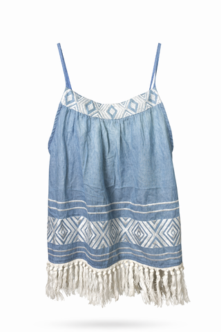 Fringy Embroidered Denim-like Tank Top