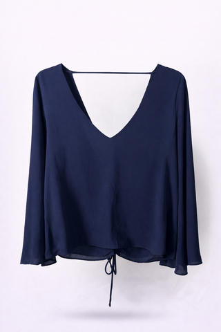 Navy Open-Back Tie Blouse