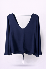 Navy Open-Back Tie Blouse