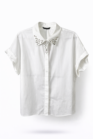 White Embellished Collar Button-up