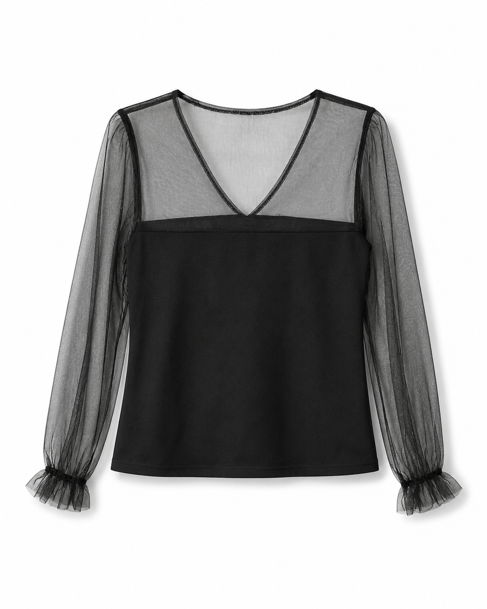Sheer Mesh Sleeve Black Blouse