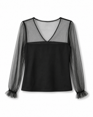 Sheer Mesh Sleeve Black Blouse